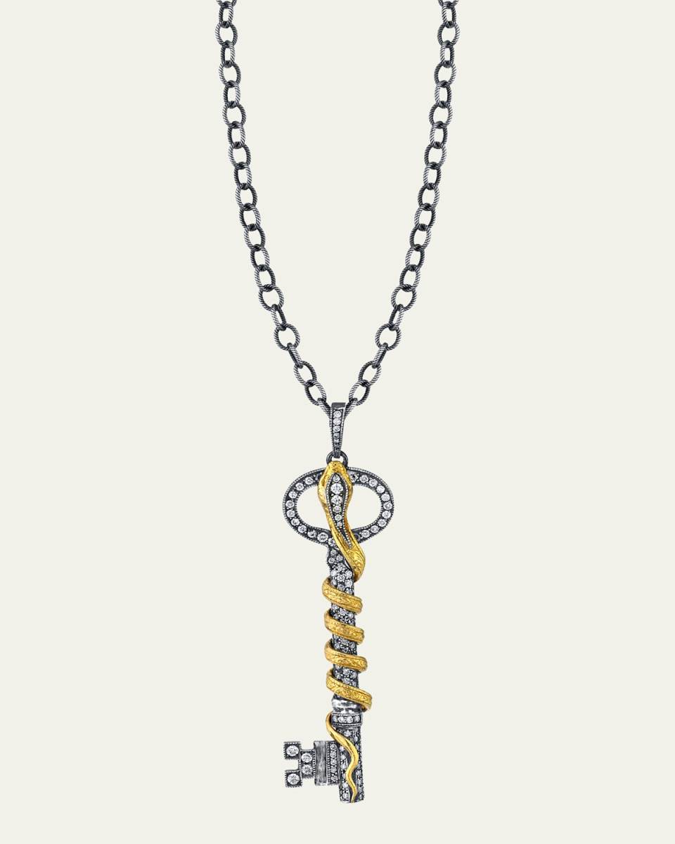 Long Diamond Key Pendant with Snake on Oxidized Silver Chain